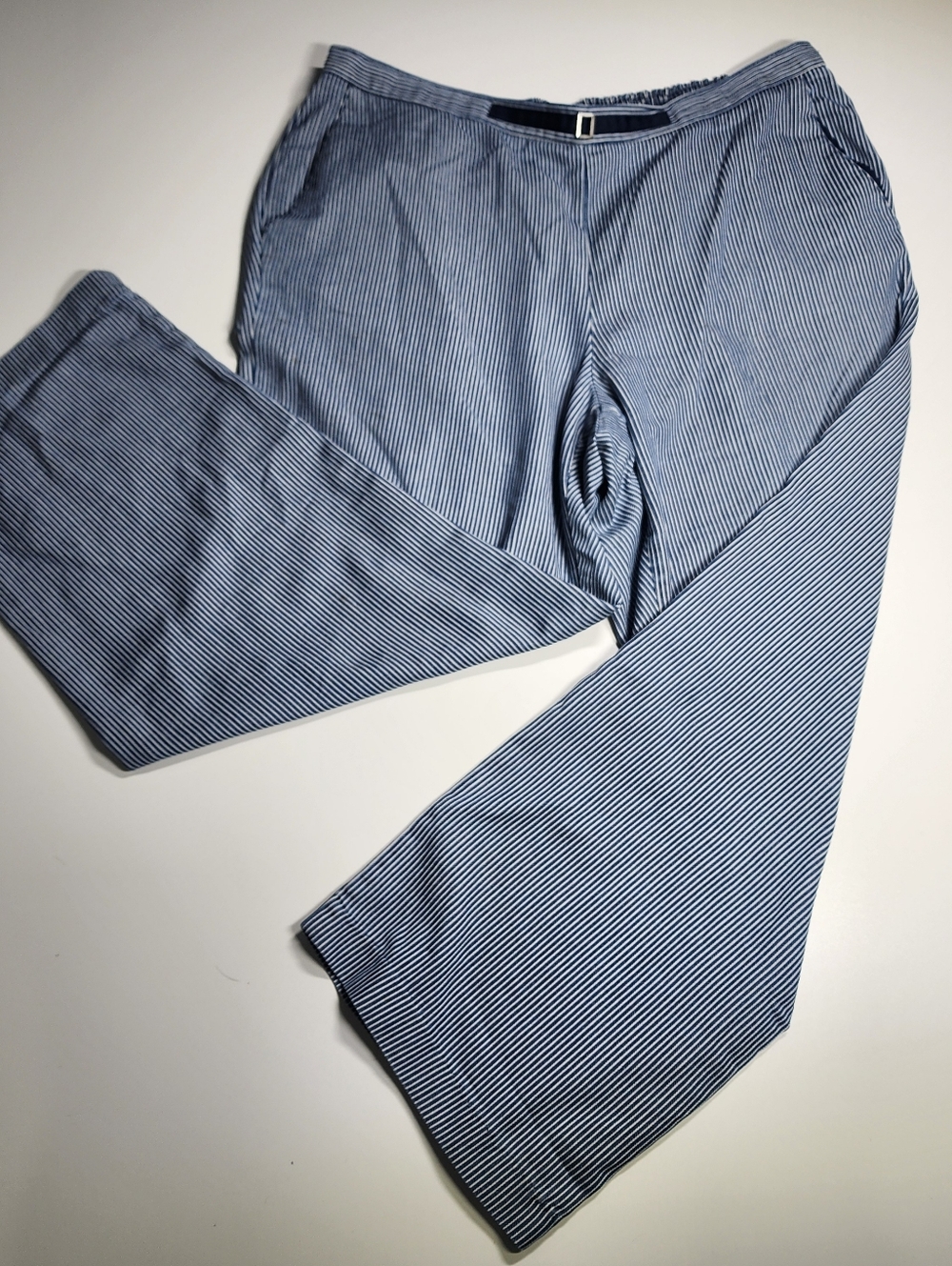 Navy White Pinstripe Pants Pull On Wide Leg Elastic Waist 16